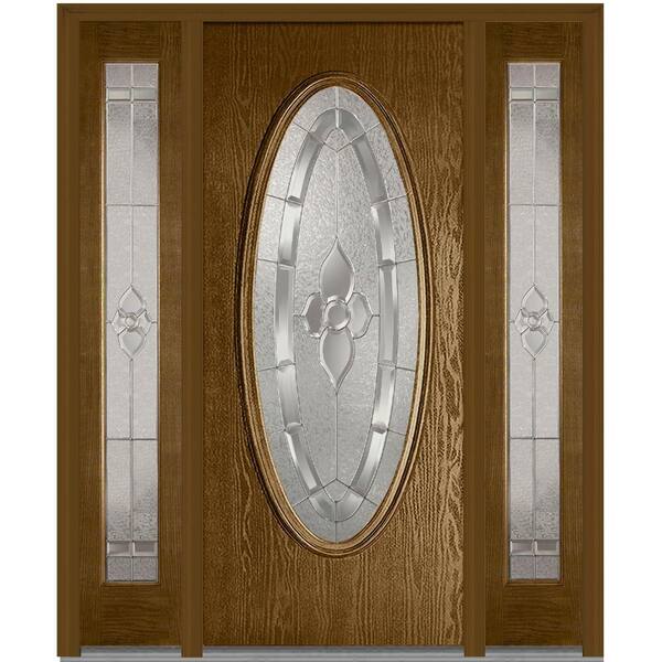 MMI Door 60 in. x 80 in. Master Nouveau Left-Hand Oval Lite Decorative Stained Fiberglass Oak Prehung Front Door with Sidelites