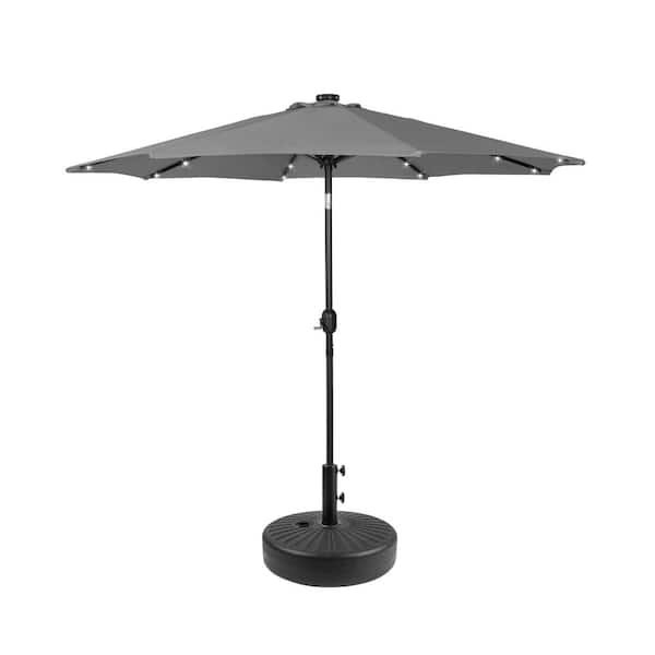 WESTIN OUTDOOR Marina Gray 9 ft. Market Solar Powered LED Lighted Tilt Patio Umbrella with Black Round Base Included