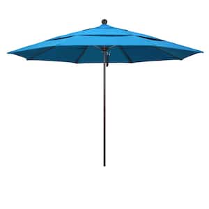 11 ft. Bronze Aluminum Commercial Market Patio Umbrella with Fiberglass Ribs and Pulley Lift in Canvas Cyan Sunbrella