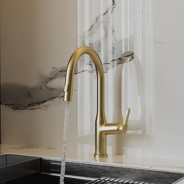Single Handle Pull-Down 16.53 H Kitchen Faucet with 360° Spout Swivel Dual-Function Sprayer in Brushed Gold