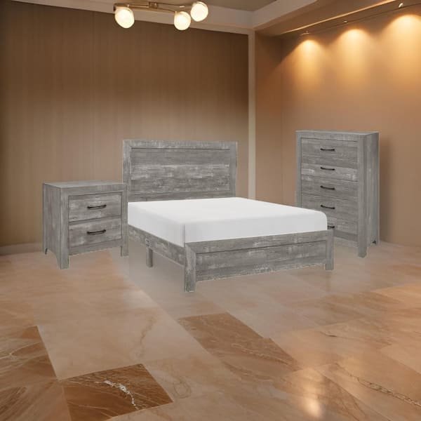 Benjara Eb 3-Piece Gray and Black Engineered Wood Full Size Bedroom Set with Farmhouse Style