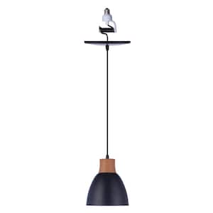 WHP 1-Light Matte Black with Wood Finish Cap Recessed Light Conversion Kit Shaded Pendant Light with Metal Shade