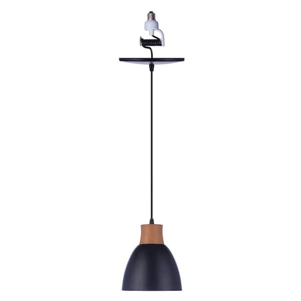 Worth Home Products WHP 1-Light Matte Black with Wood Finish Cap Recessed Light Conversion Kit Shaded Pendant Light with Metal Shade