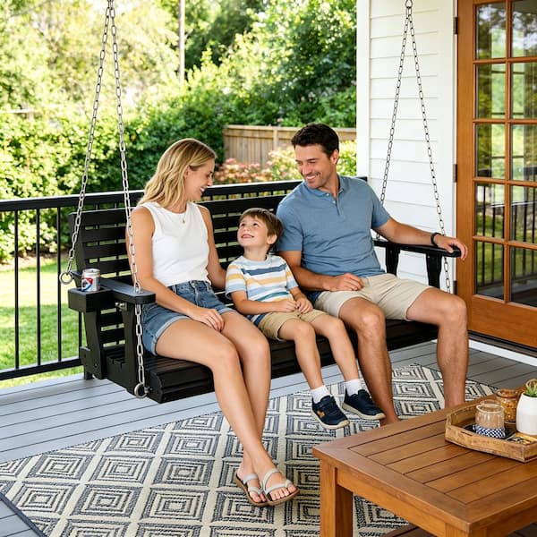 5 ft. Extra Large Wooden Porch Swing 3-Seater with Cupholders, High Backrest, Hanging Chains, 880 lbs. Carbon Black