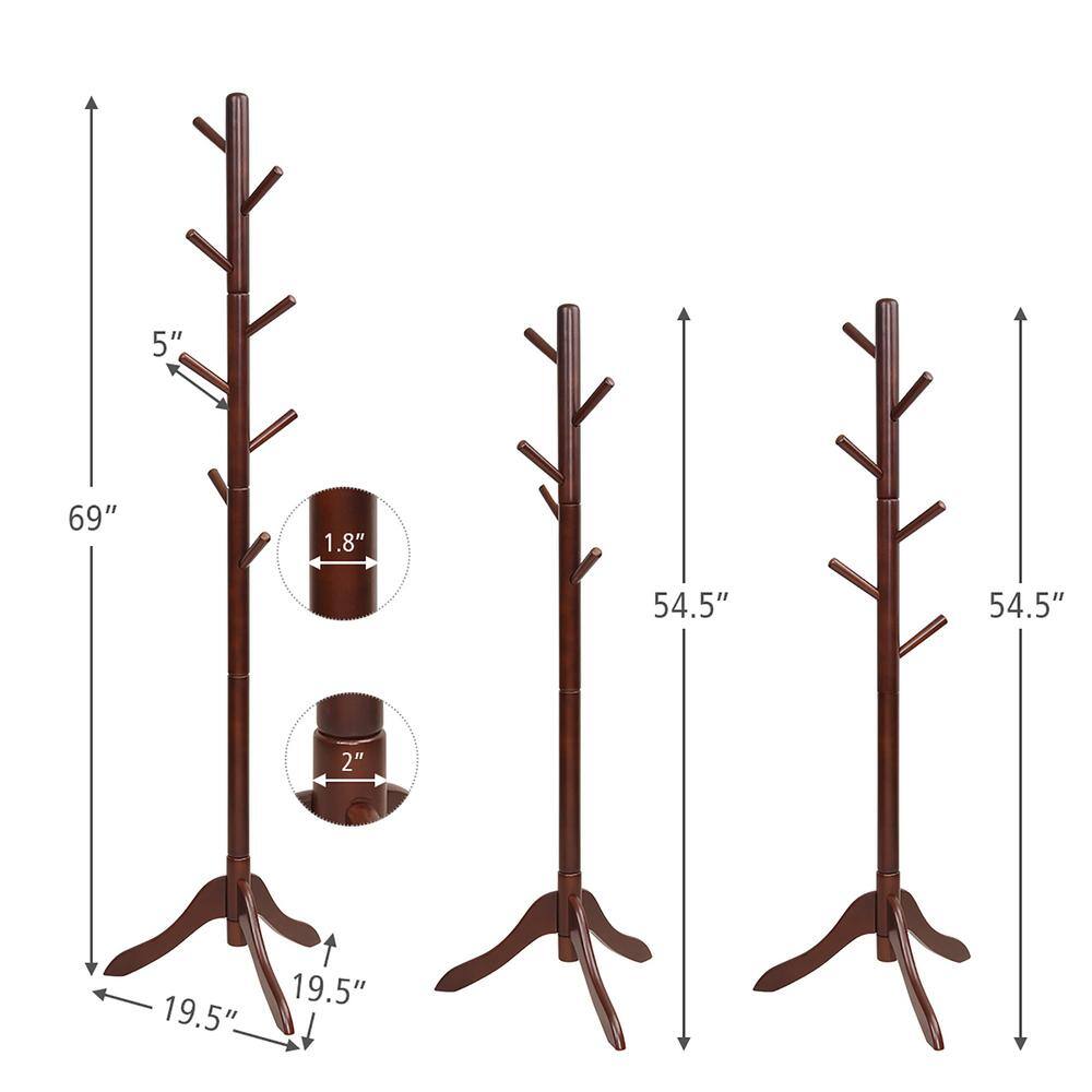 Adjustable Brown Rubber Wood Coat Rack with 8 Hooks