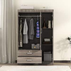 Wood Grain Effect in Gray Wood 41.3 in. 3-Door Wardrobe Armoires with Hanging Rod, 2-Drawers, and Storage Shelves