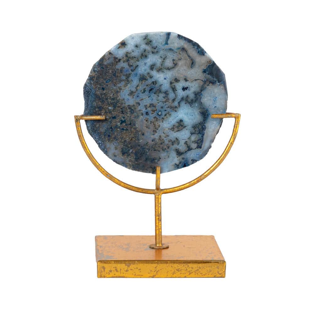 Blue Agate Stone Slice on Gold Metal Stand