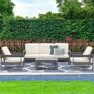 Slate Grey 6-Piece Plastic HDPE Composite Lumber Patio Conversation Set with Beige Cushion