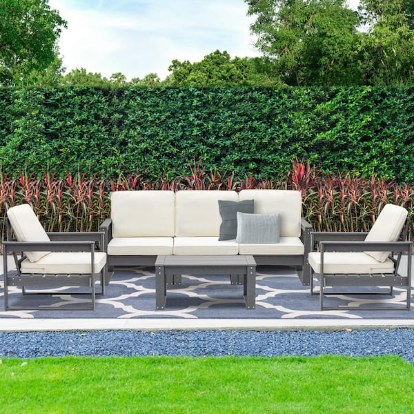 LAUREL CANYON Slate Grey 6-Piece Plastic HDPE Composite Lumber Patio Conversation Set with Beige Cushion