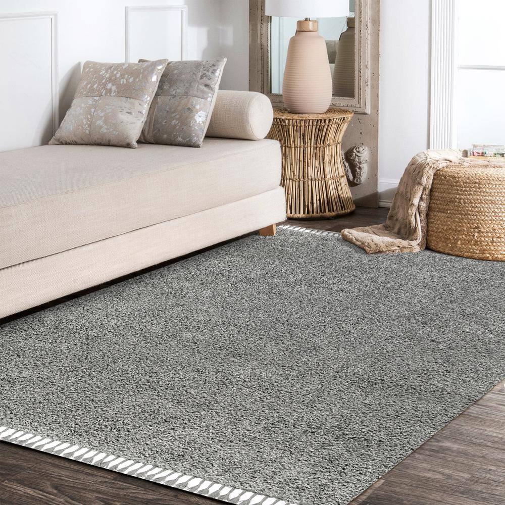 Charcoal Reversible Rectangular Shag Area Rug with Tassels