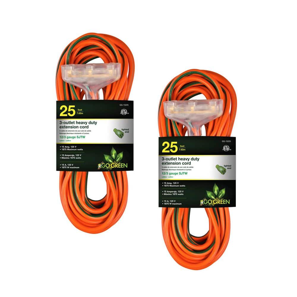 (G-15225-2) 25 ft. 12/3 3 Outlet Indoor Heavy Duty Extension Cord, Orange, 2 PACK price history on PriceWatchPro