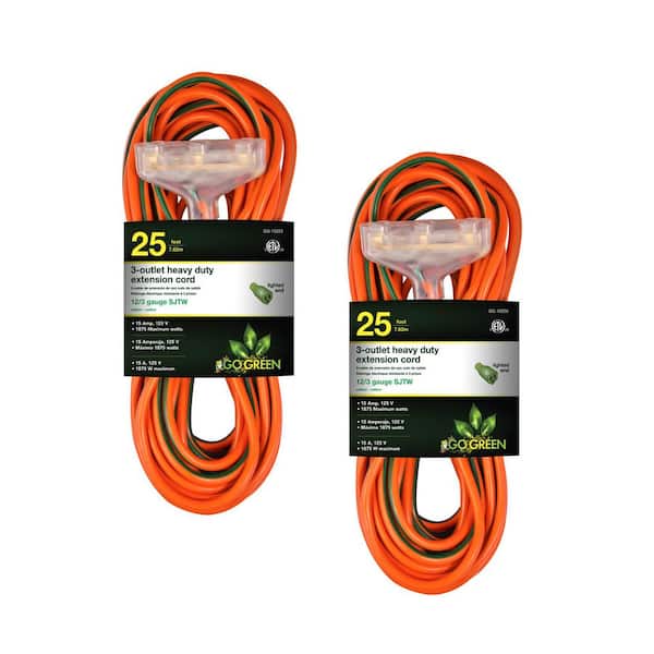 GoGreen Power (G-15225-2) 25 ft. 12/3 3 Outlet Indoor Heavy Duty Extension Cord, Orange, 2 PACK