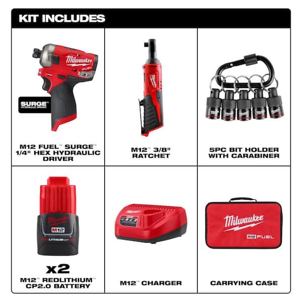 M12 FUEL SURGE 12V 1/4 in. Hex Impact Driver Kit w/ (2) 2. 0Ah Batteries, Bag with M12 3/8 in. Ratchet with Carabiner
