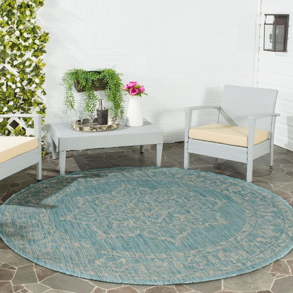 Courtyard Aqua/Gray 7 ft. Round Border Ornate Indoor/Outdoor Area Rug