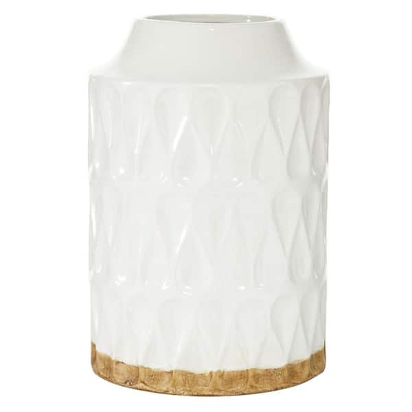 Litton Lane 12 in. White Porcelain Ceramic Geometric Decorative Vase with Brown Base