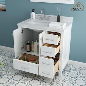36 in. W x 22 in. D x 35.4 in. H Single Sink Solid Wood Bath Vanity in White with Carrara White Marble Top and Basin