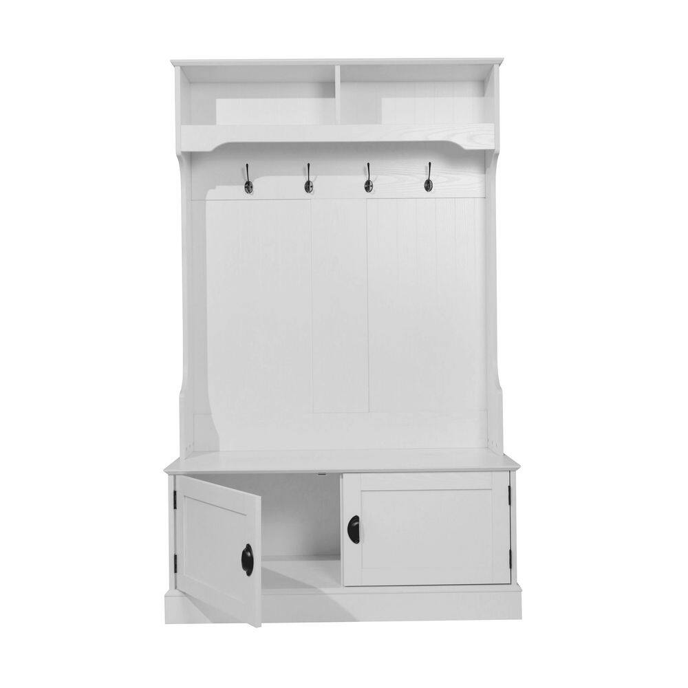 White Wooden Hall Tree with Storage Bench and Coat Rack