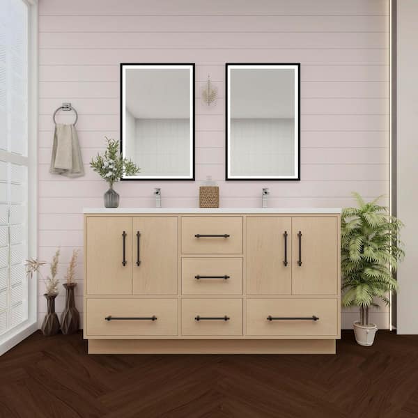 Victoria 59 in. W x 20 in. D x 35 in. H Double Sink Freestanding Bath Vanity in Yellow Oak with White Acrylic Top