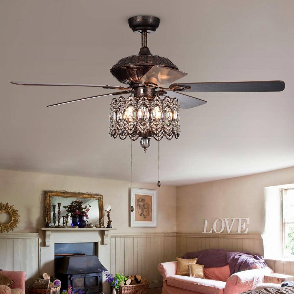 Mariposa 52-inch Rustic Bronze Chandelier Ceiling Fan with Crystal Shade