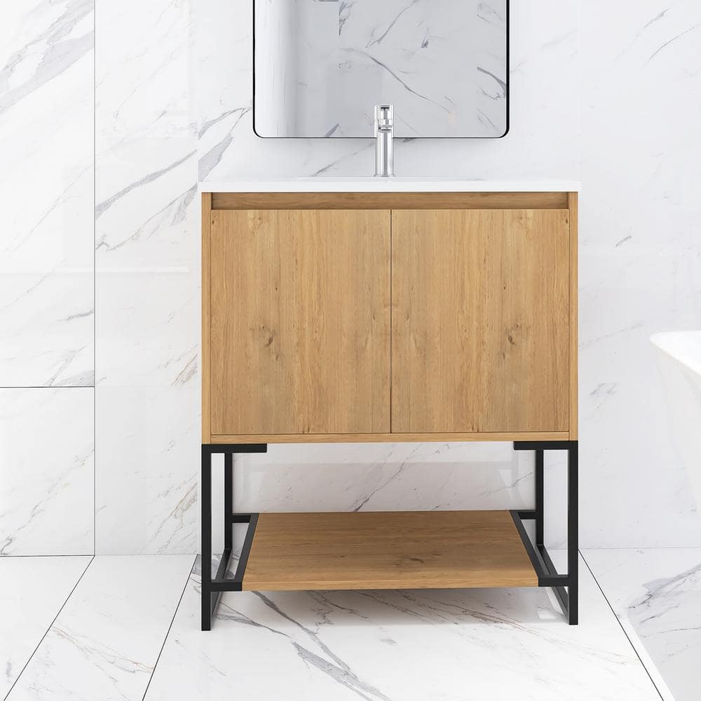 30 in. W x 19 in. D x 33.5 in. H Freestanding Bathroom Vanity in Oak with White Solid Surface Top price history on PriceWatchPro