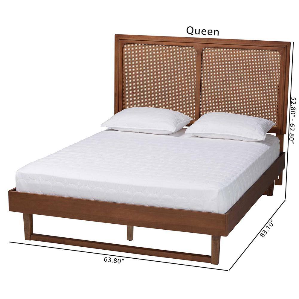 Walnut Brown Queen Wood Frame Upholstered Bed with Rattan Headboard