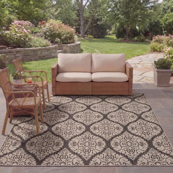 Courtyard 8 ft. x 10 ft. Stone/Gray Ornate Floral Trellis Indoor/Outdoor Area Rug