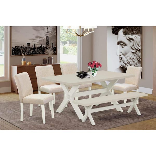 East West Furniture 6-Piece Rectangle Natural Oak Finish Solid Wood Top Dining Table with 1-Bench, 4-Chairs with Lattice Back