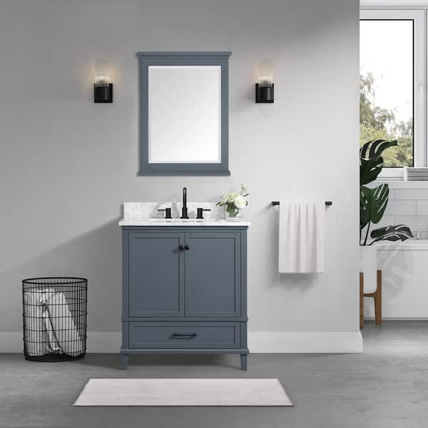 Home Decorators Collection Merryfield 31 in. Single Sink Freestanding Dark Blue-Grey Bath Vanity with White Carrara Marble Top (Assembled)