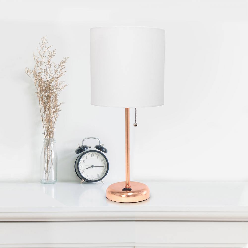 Rose Gold and White Stick Nightstand Lamp Set with Fabric Shade