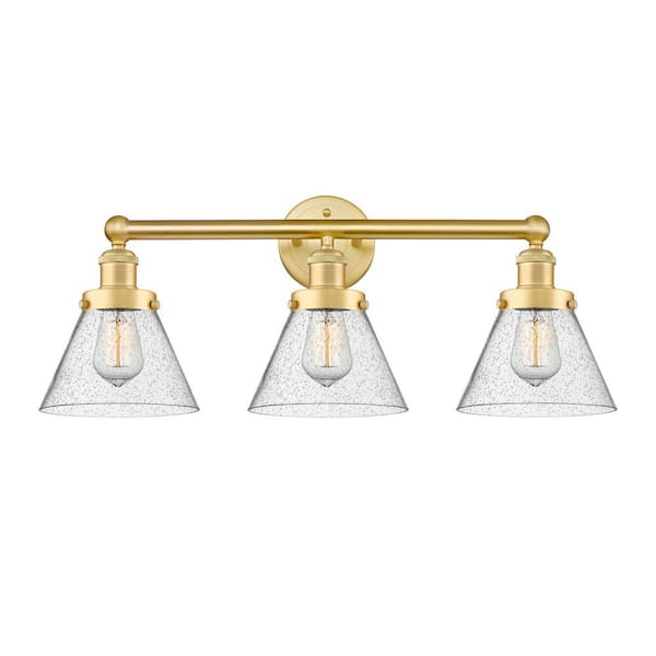 Cone 24.5 in. 3-Light Satin Gold Vanity Light with Glass Shade