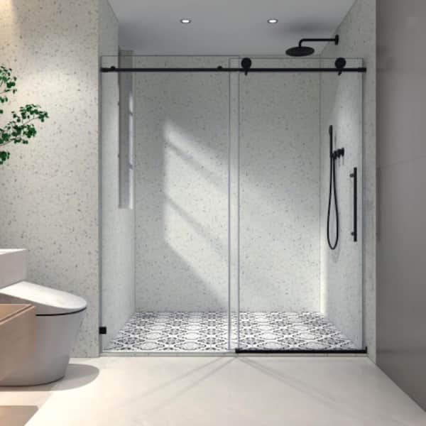 60in. x 76in. Frameless Matte Black Sliding Shower Door with Soft Close, 5/16in. Tempered Glass