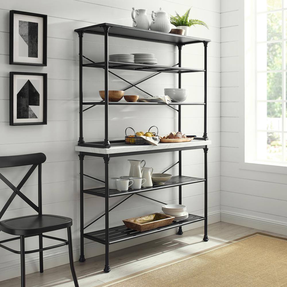 Elegant French Industrial Inspired Matte Black Baker's Rack with Faux Marble Top