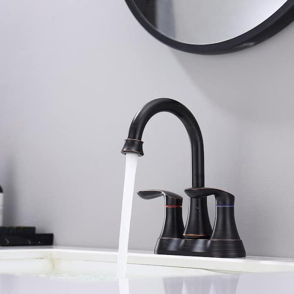 Staykiwi 4 in. Centerset Double Handle Mid Arc Bathroom Faucet with Drain Kit Included in Oil Rubbed Bronze