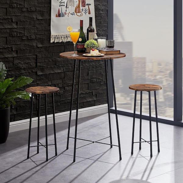 VECELO Dining Table Set 23.6 in. Round Brown Bistro Wood top