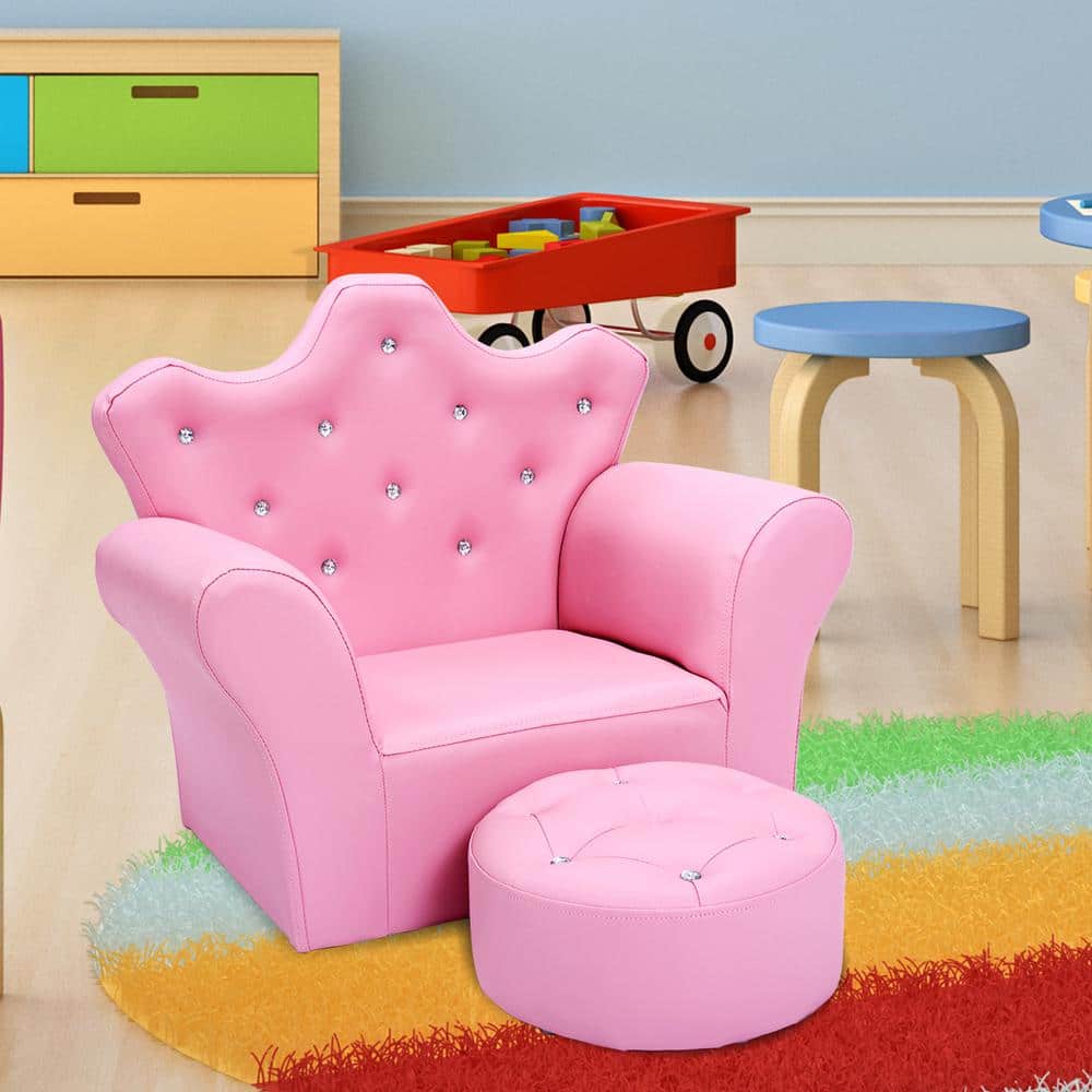 Pink Faux Leather Princess Armchair with Ottoman