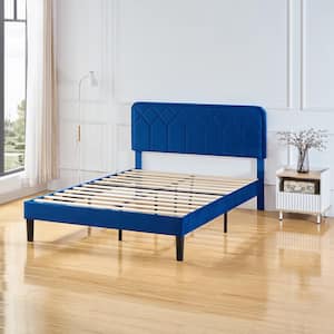 Bed Frame with Upholstered Headboard, Blue Metal Frame Queen Platform Bed with Strong Frame and Wooden Slats Support