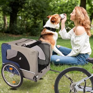 Dog Bike Trailer Breathable Mesh Dog Cart 3 Entrances, Safety Flag 8 Reflectors Folding Pet Carrier Wagon Blue and Grey