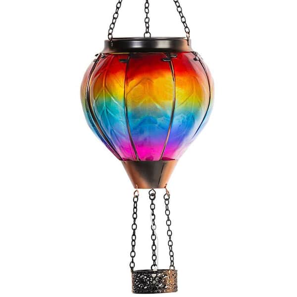 Hot Air Balloon Solar Lantern with CandleandFlickering Flame, Multi, Glass Metal, Hanging Light - 1 Pack
