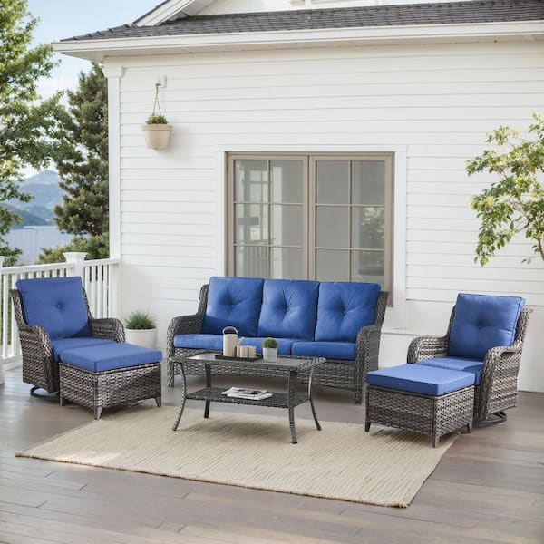 6-Piece Gray Wicker Patio Conversation Set with Olefin Blue Cushions and Swivel Glider Chairs/Sofa