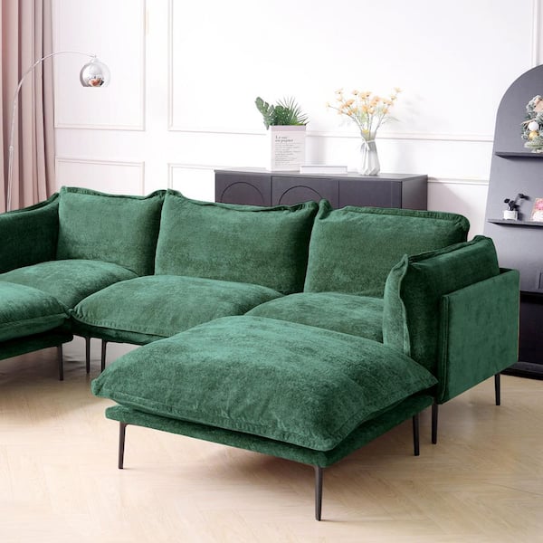 Modern 111 in. 5-Piece Tapered Arm Velvet Modular Sectional Sofa, Comfort Deep Seat Cloud Couch with Ottomans in Green