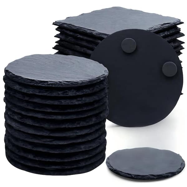 4 in. 24-Piece Black Stone Slate Coasters, Square and Round Drink Mats for Home and Bar, Halloween, Christmas