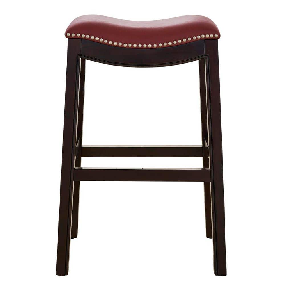 Espresso Wood and Red Faux Leather Saddle Barstool