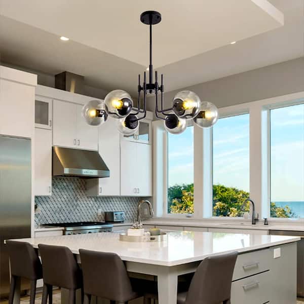 Magic Home 6-Lights Glass Globe Sputnik Chandelier Modern Metal Ceiling Light Fixture Black Semi Flush Mount Chandelier