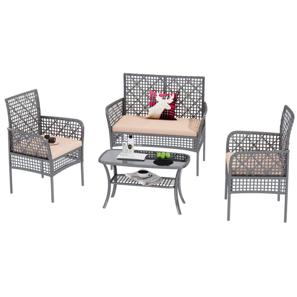 4-Piece Wicker Outdoor Sectional Set Conversation Set Patio Seating Set with Beige Cushions price history on PriceWatchPro