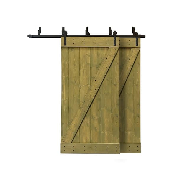 CALHOME 76 in. x 84 in. Z Bar Bypass Jungle Green Stained Solid Pine Wood Interior Double Sliding Barn Door with Hardware Kit