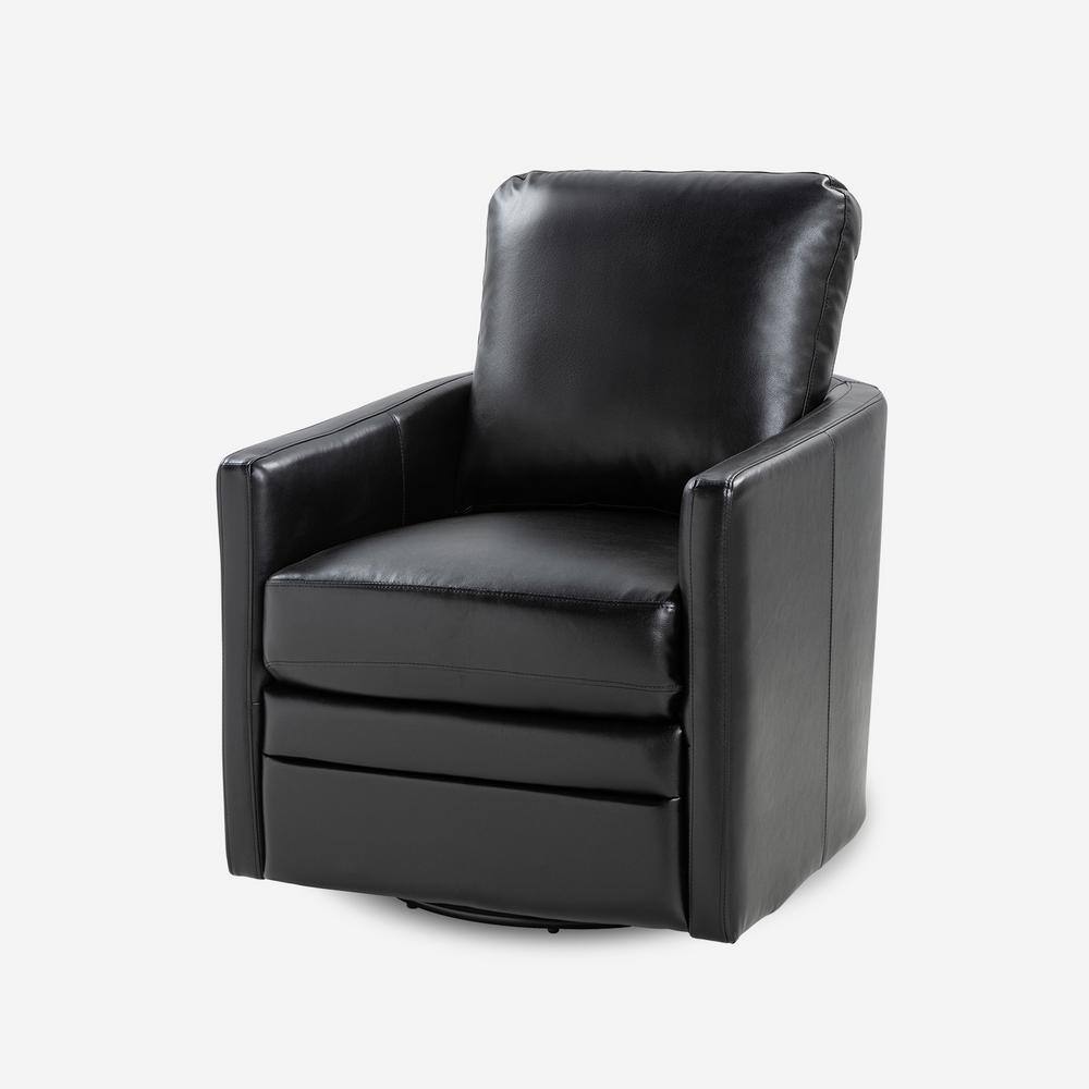 Black faux leather swivel arm chair with a cushioned seat and backrest.