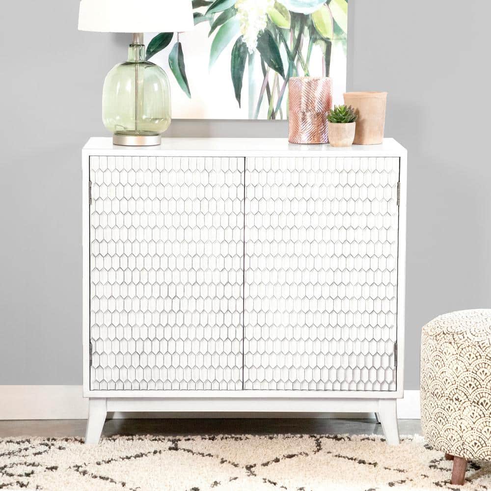 Transitional White 2-Door Accent Cabinet with Geometric Pattern