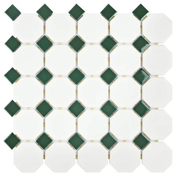 Merola Tile Metro Octagon Matte White with Green 11-1/2 in. x 11-1/2 in. x 5 mm Porcelain Mosaic Tile (9.38 sq. ft. / case)