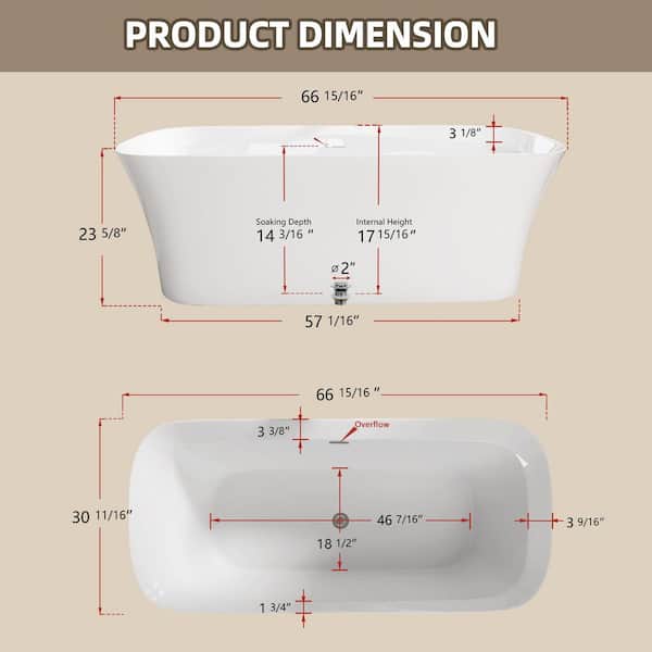 67 in. x 31 in. Acrylic Freestanding White Soaking Bathtub Rectangular Alone Tub Flat Bottom with Center Chrome Drain