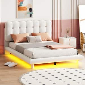 Beige Wood Frame Full Velvet Upholstered Platform Bed with LED Lights, Button-Tufted Headboard, Center Support Legs